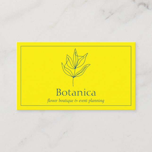Yellow Navy Chic Minimalist Leaf Fern Floral Business Card (Front)