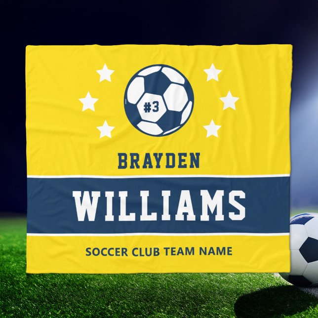 Yellow Navy Custom Soccer Name Number Fleece Blanket (Creator Uploaded)
