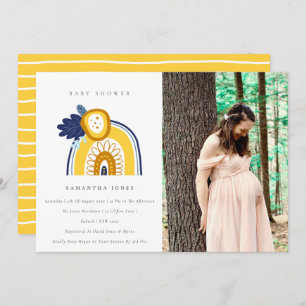 Yellow Navy Flora Rainbow Photo Baby Shower Invite