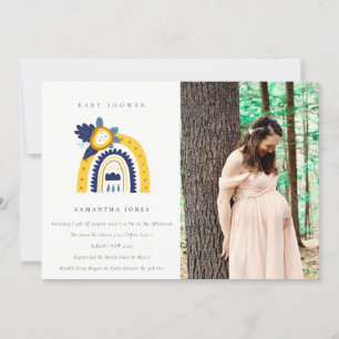 Yellow Navy Flora Rainbow Photo Baby Shower Invite