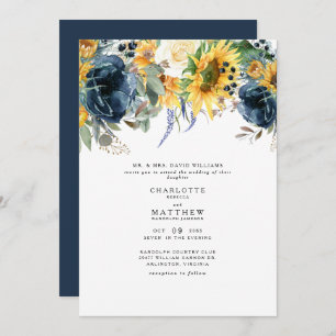 Yellow & Navy Floral Bouquet Wedding Invitation