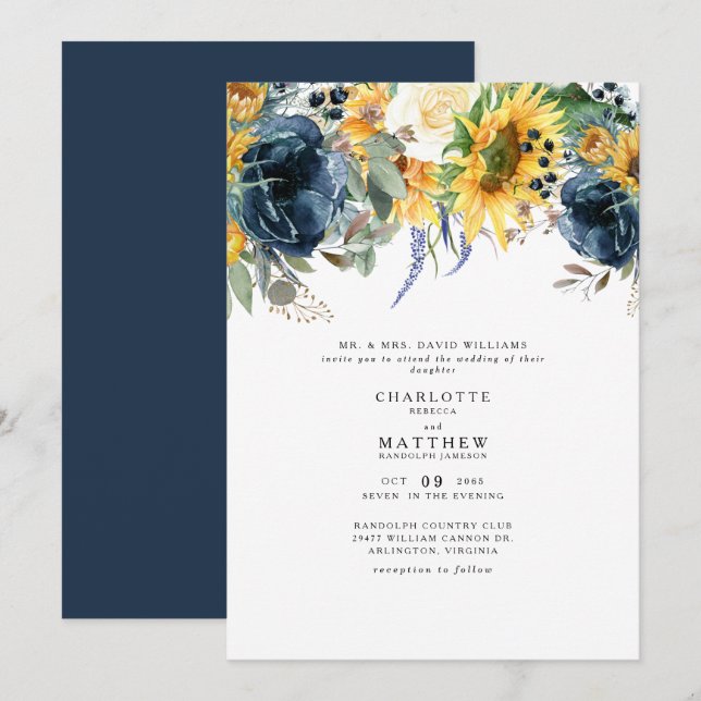 Yellow & Navy Floral Bouquet Wedding Invitation (Front/Back)