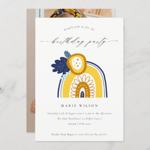Yellow Navy Floral Photo Rainbow Birthday Invite