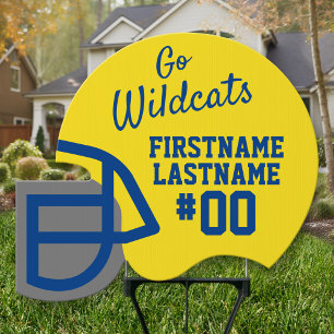 Yellow Navy Football Mascot Name Number Helmet Sign