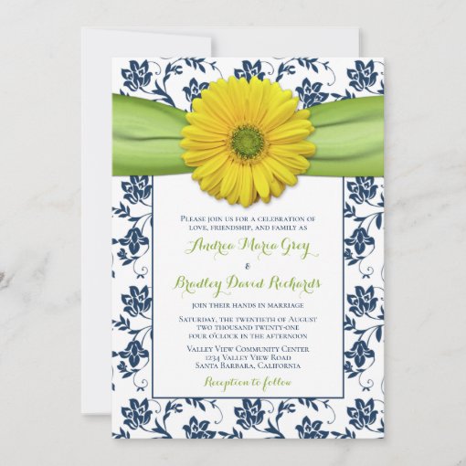 Yellow, Navy, Green Damask Wedding Invitation | Zazzle