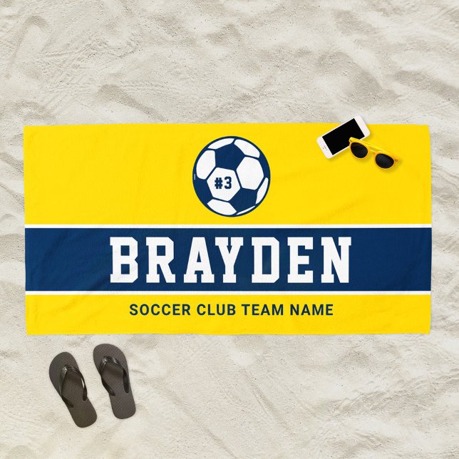 Yellow Navy Soccer Player Custom Name Beach Towel (Creator Uploaded)