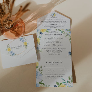 Yellow & Navy Summer Floral Wedding All In One Invitation