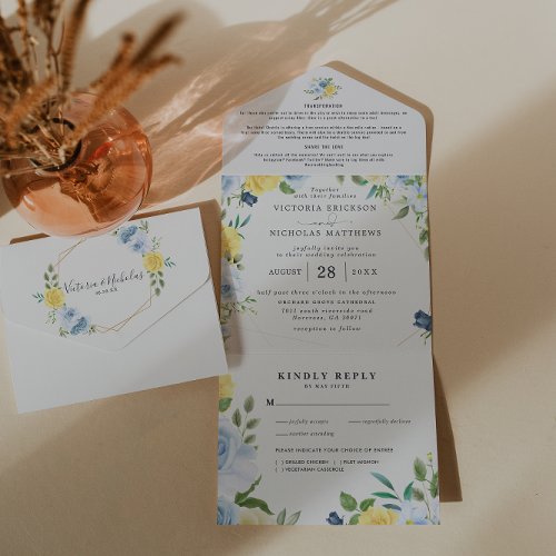 Yellow  Navy Summer Floral  Wedding All In One Invitation