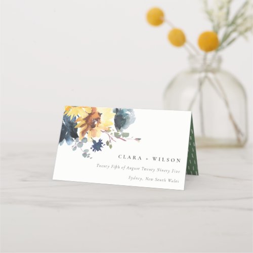 Yellow Navy Sunflower Floral Watercolor Wedding Place Card