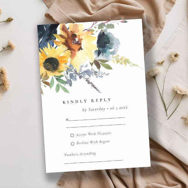 Yellow Navy Sunflower Floral Watercolor Wedding RSVP Card (Creator Uploaded)