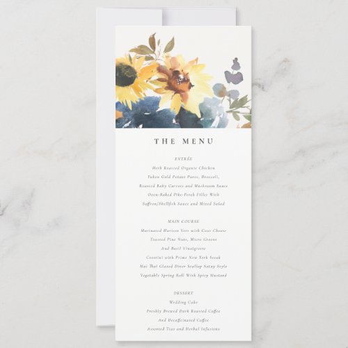 Yellow Navy Sunflower Floral Wedding Menu Card