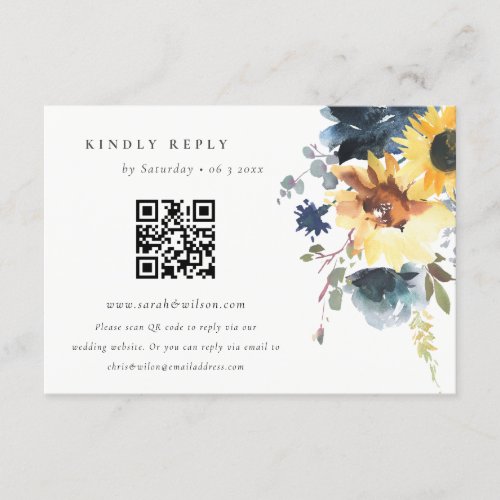 Yellow Navy Sunflower Floral Wedding QR Code RSVP Enclosure Card