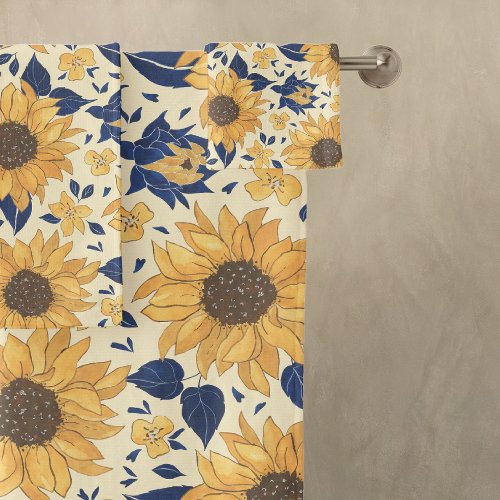 Yellow  Navy Sunflowers Bath Towel Set