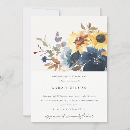 Yellow Navy Sunflowers Floral Baby Shower Invitation