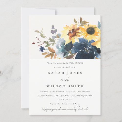 Yellow Navy Sunflowers Floral Couples Shower Invitation