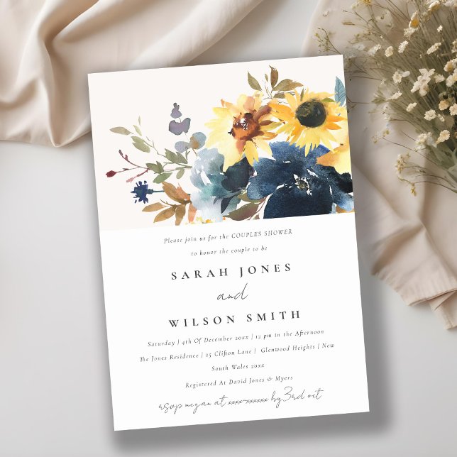Yellow Navy Sunflowers Floral Couples Shower Invitation (Creator Uploaded)