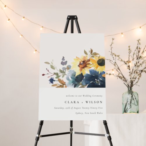 Yellow Navy Sunflowers Floral Wedding Welcome Foam Board