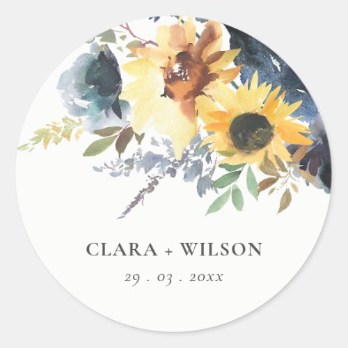 Yellow Navy Sunflowers Watercolor Floral Wedding Classic Round Sticker