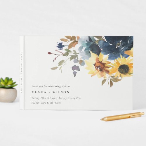 Yellow Navy Sunflowers Watercolor Floral Wedding Guest Book