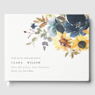 Yellow Navy Sunflowers Watercolor Floral Wedding Guest Book