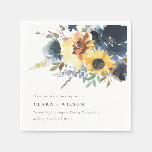 Yellow Navy Sunflowers Watercolor Floral Wedding Napkins