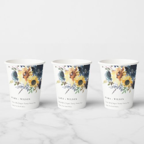 Yellow Navy Sunflowers Watercolor Floral Wedding Paper Cups