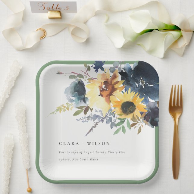 Yellow Navy Sunflowers Watercolor Floral Wedding Paper Plates (Wedding)