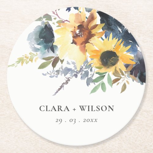 Yellow Navy Sunflowers Watercolor Floral Wedding Round Paper Coaster