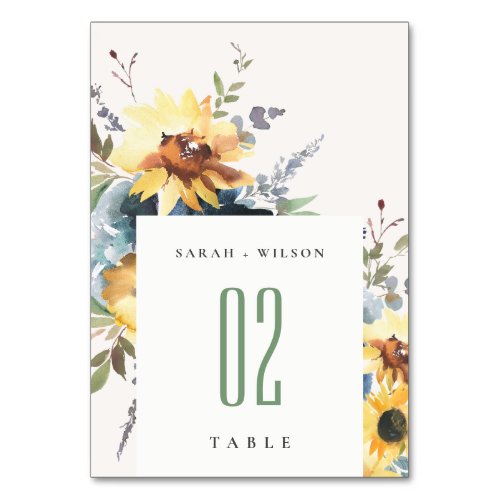 Yellow Navy Sunflowers Watercolor Floral Wedding Table Number