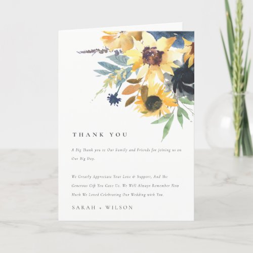 Yellow Navy Sunflowers Watercolor Floral Wedding Thank You Card