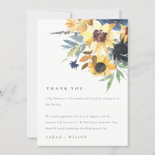 Yellow Navy Sunflowers Watercolor Floral Wedding Thank You Card