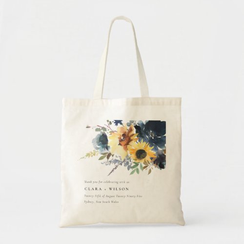 Yellow Navy Sunflowers Watercolor Floral Wedding Tote Bag