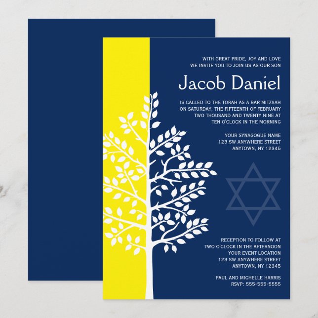 Yellow Navy Tree of Life Bar Mitzvah Invitations (Front/Back)