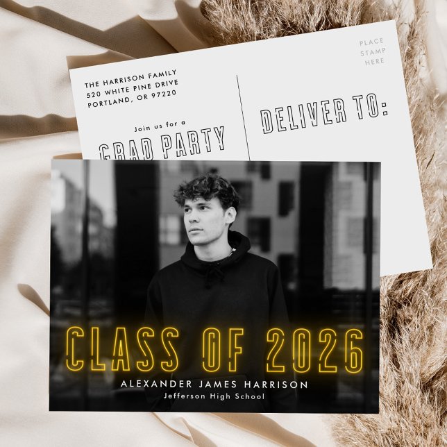 Yellow Neon Class of 2026 Photo Graduation Party Invitation Postcard (Creator Uploaded)