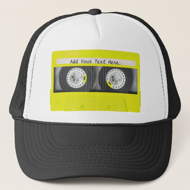 Yellow Neon Customizable Cassette Tape Trucker Hat (Front)