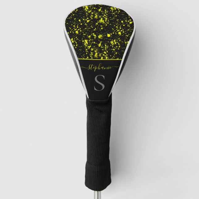 Yellow Neon Paint Splatter Monogram Retro Golf Head Cover (Front)
