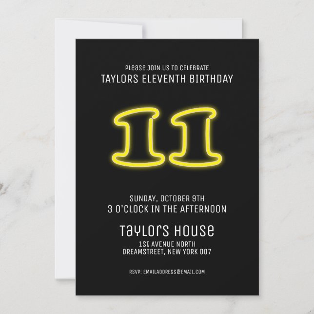 Yellow Neon Sign 11th Trendy Birthday Party Invitation (Front)