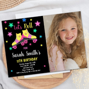 Yellow Neon Star Skate Birthday Invitations Photo