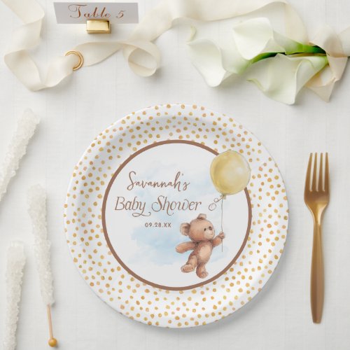 Yellow Neutral Teddy Bear Baby Shower Paper Plate