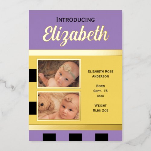 Yellow new baby announcement gold foil flat card