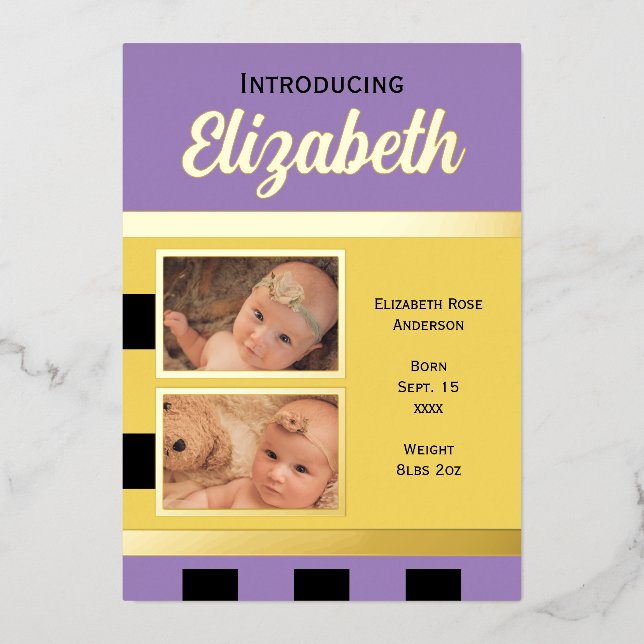 Yellow new baby announcement gold foil flat card (Front)