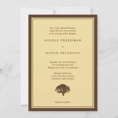 Yellow oak tree brown simple wedding invitation