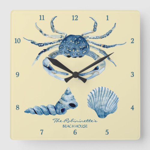 Yellow Ocean Crab Seashells Nautical Beach House Square Wall Clock