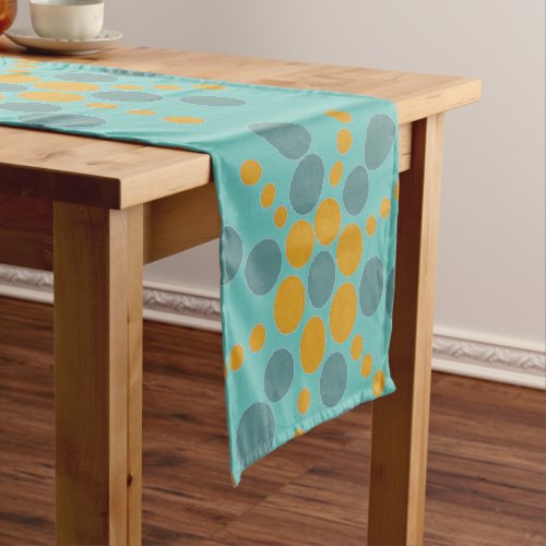 Yellow ochre and grey blue dotted stars on teal short table runner