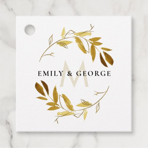 YELLOW OCHRE GOLD FOLIAGE MONOGRAM WREATH WEDDING FAVOR TAGS