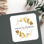 YELLOW OCHRE GOLD FOLIAGE MONOGRAM WREATH WEDDING SQUARE STICKER<br><div class="desc">For any further customisation or any other matching items,  please feel free to contact me at yellowfebstudio@gmail.com</div>