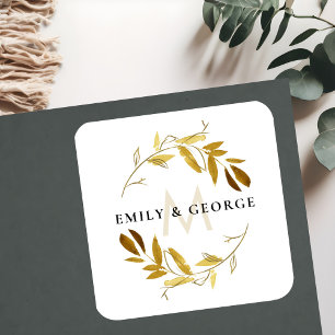 YELLOW OCHRE GOLD FOLIAGE MONOGRAM WREATH WEDDING SQUARE STICKER