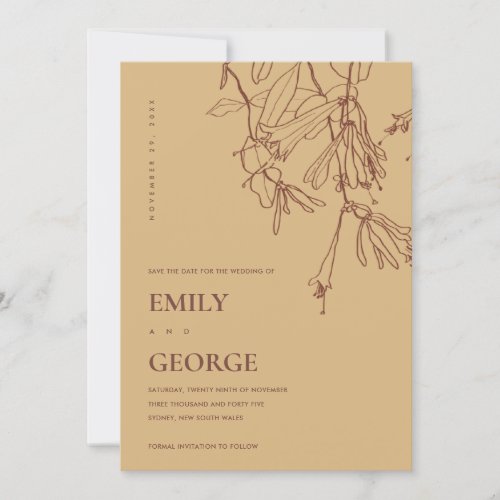YELLOW OCHRE LINE DRAWING FLORA SAVE THE DATE CARD