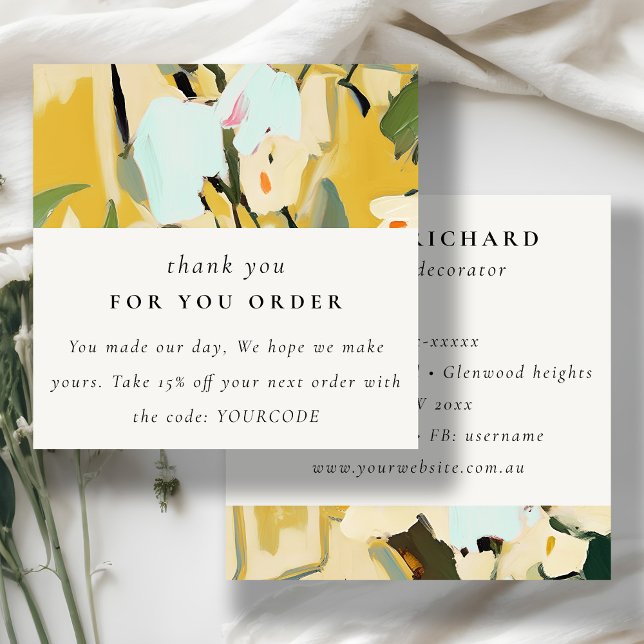 Yellow Ochre Painted Floral Thank You For Order Square Business Card (Creator Uploaded)