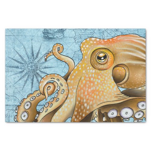  Yellow Octopus Vintage Map Compass Nautical Blue Tissue Paper